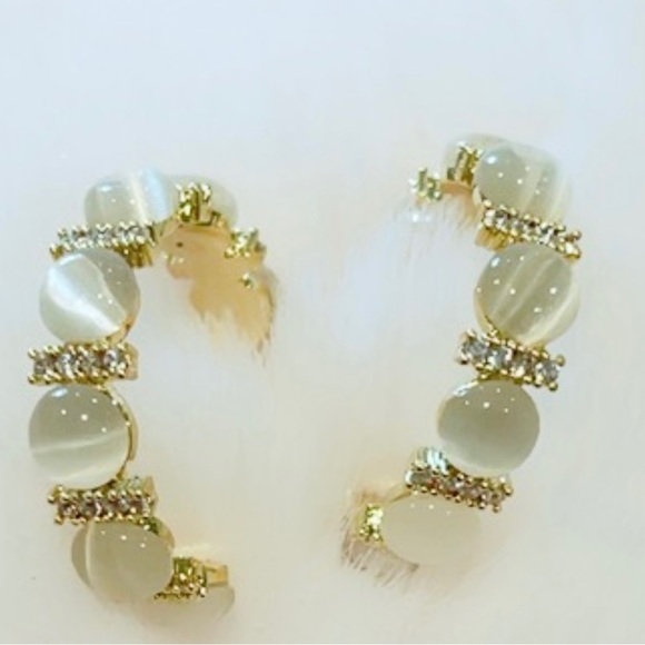 Gold Plated White Opal Hoops - Picture 2 of 3